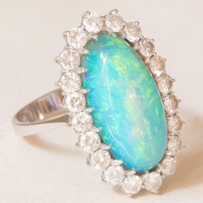 Vintage 18k White Gold Daisy Ring with Doublet Opal and Brilliant Cut Diamonds, 1960s-PPA-2036553