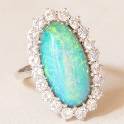 Vintage 18k White Gold Daisy Ring with Doublet Opal and Brilliant Cut Diamonds, 1960s-PPA-2036553