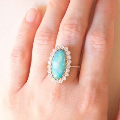 Vintage 18k White Gold Daisy Ring with Doublet Opal and Brilliant Cut Diamonds, 1960s-PPA-2036553