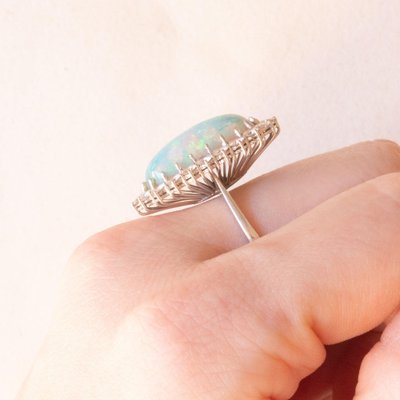 Vintage 18k White Gold Daisy Ring with Doublet Opal and Brilliant Cut Diamonds, 1960s-PPA-2036553