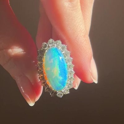 Vintage 18k White Gold Daisy Ring with Doublet Opal and Brilliant Cut Diamonds, 1960s-PPA-2036553