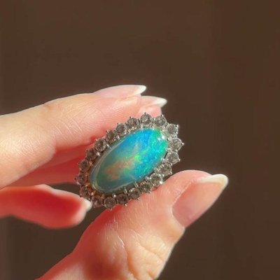 Vintage 18k White Gold Daisy Ring with Doublet Opal and Brilliant Cut Diamonds, 1960s-PPA-2036553