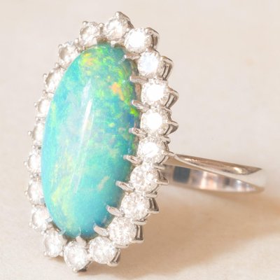 Vintage 18k White Gold Daisy Ring with Doublet Opal and Brilliant Cut Diamonds, 1960s-PPA-2036553