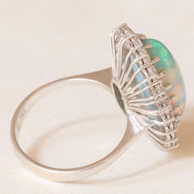 Vintage 18k White Gold Daisy Ring with Doublet Opal and Brilliant Cut Diamonds, 1960s-PPA-2036553