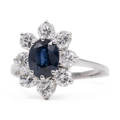 Vintage 18k White Gold Daisy Ring with Sapphire and Diamonds, 1960s-PPA-2016984