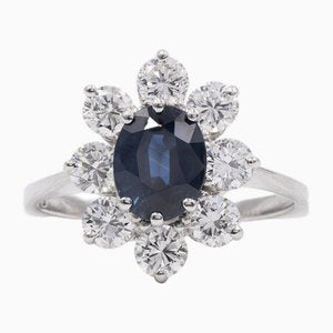 Vintage 18k White Gold Daisy Ring with Sapphire and Diamonds, 1960s-PPA-2016984