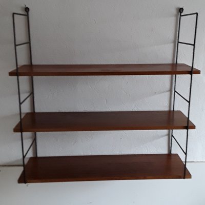 Vintage 3-Tier String Shelf with Black Wire Frame & Shelves in Teak Veneer Chipboard, 1970s-HOI-941756