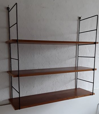 Vintage 3-Tier String Shelf with Black Wire Frame & Shelves in Teak Veneer Chipboard, 1970s-HOI-941756