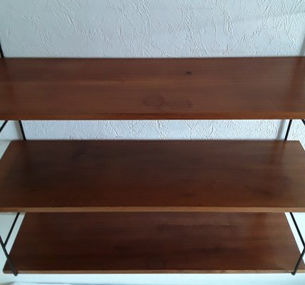 Vintage 3-Tier String Shelf with Black Wire Frame & Shelves in Teak Veneer Chipboard, 1970s-HOI-941756