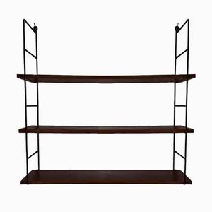 Vintage 3-Tier String Shelf with Black Wire Frame & Shelves in Teak Veneer Chipboard, 1970s-HOI-941756