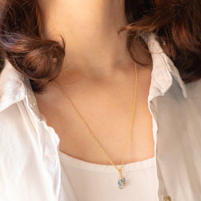 Vintage 9k Yellow Gold Chain Necklace with 9k Yellow and White Gold Pendant with Blue Topaz and Diamond, 1990s-PPA-2035218