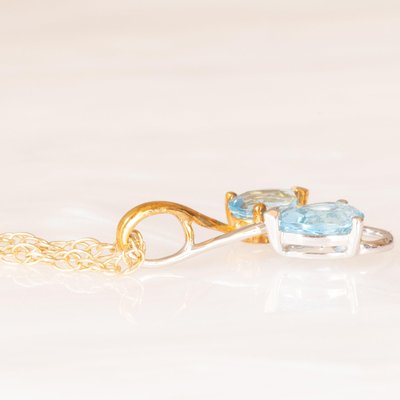 Vintage 9k Yellow Gold Chain Necklace with 9k Yellow and White Gold Pendant with Blue Topaz and Diamond, 1990s-PPA-2035218