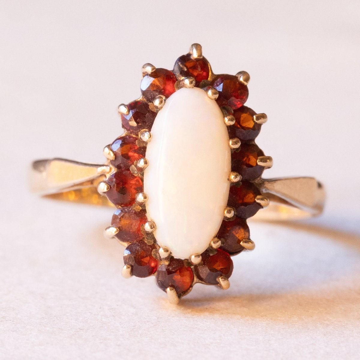 Vintage 9k Yellow Gold Daisy Ring with Opal and Garnets, 1980s