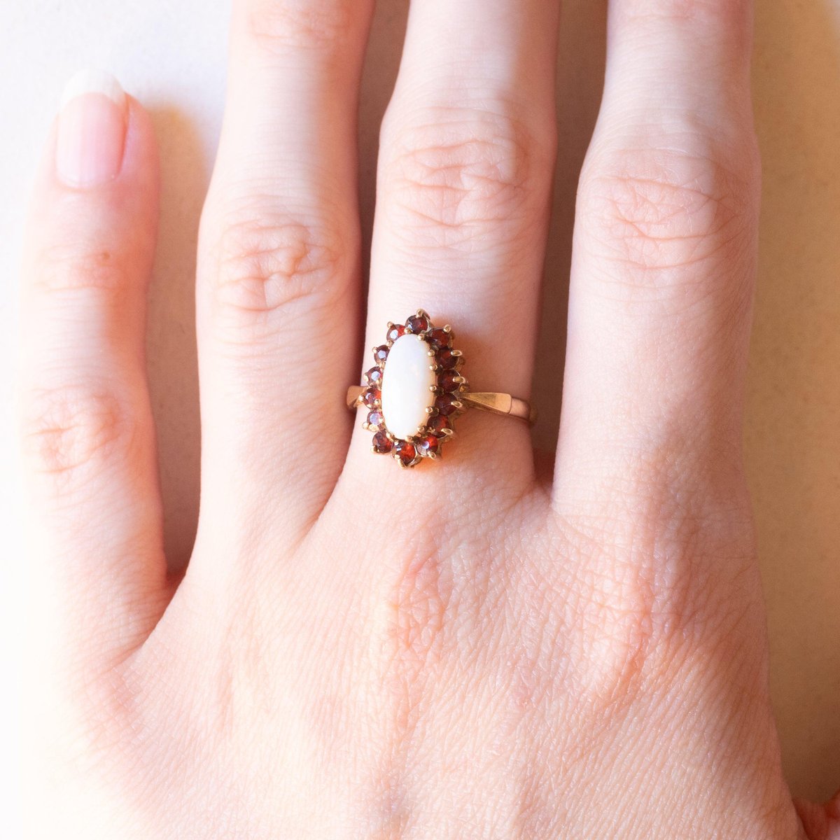 Vintage 9k Yellow Gold Daisy Ring with Opal and Garnets, 1980s