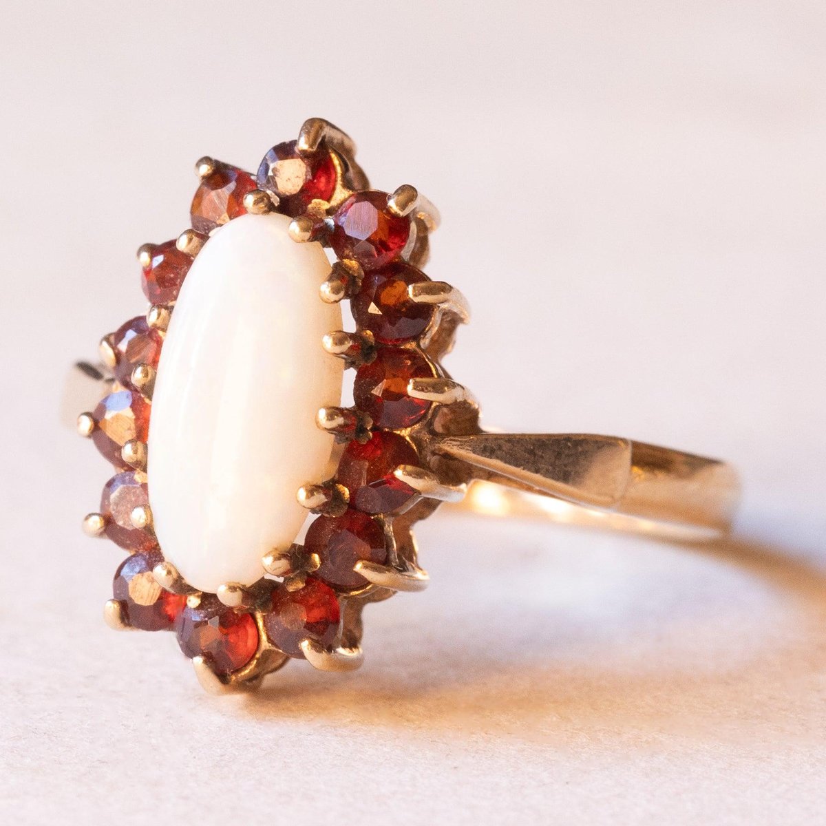 Vintage 9k Yellow Gold Daisy Ring with Opal and Garnets, 1980s