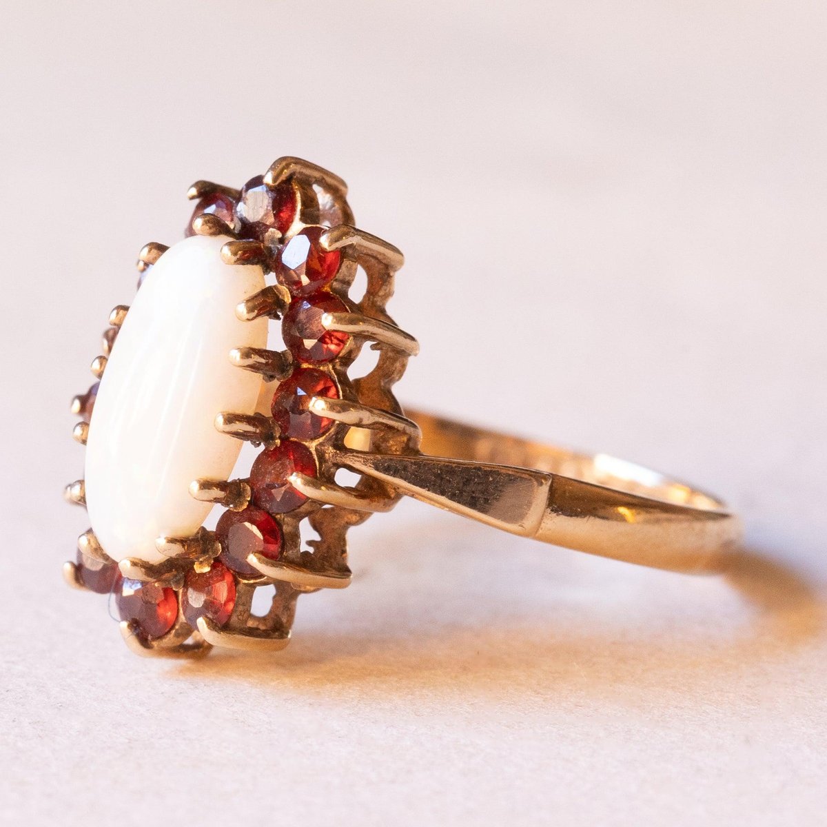 Vintage 9k Yellow Gold Daisy Ring with Opal and Garnets, 1980s