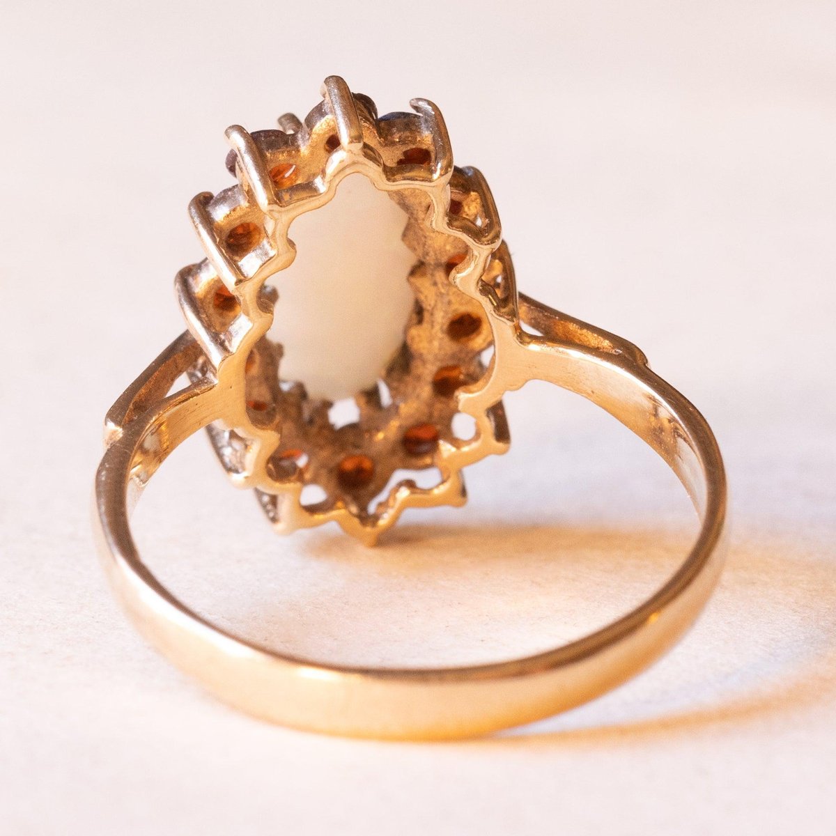 Vintage 9k Yellow Gold Daisy Ring with Opal and Garnets, 1980s