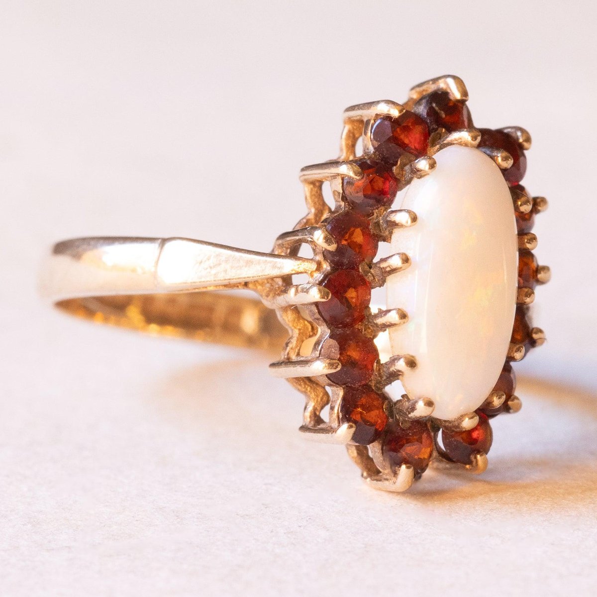 Vintage 9k Yellow Gold Daisy Ring with Opal and Garnets, 1980s