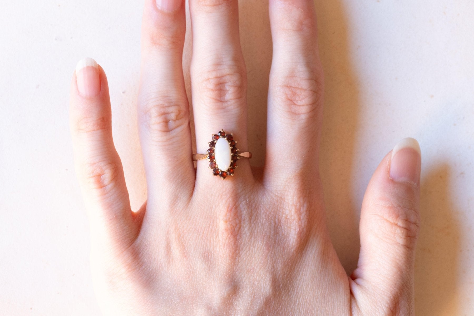 Vintage 9k Yellow Gold Daisy Ring with Opal and Garnets, 1980s