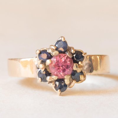 Vintage 9k Yellow Gold Flower Ring with Pink Tourmaline and Sapphires-PPA-2040820