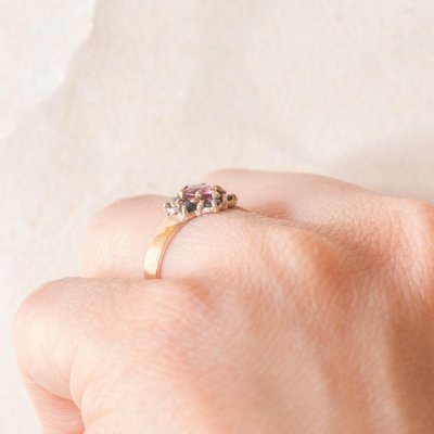 Vintage 9k Yellow Gold Flower Ring with Pink Tourmaline and Sapphires-PPA-2040820