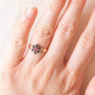 Vintage 9k Yellow Gold Flower Ring with Pink Tourmaline and Sapphires-PPA-2040820