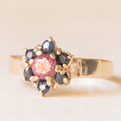 Vintage 9k Yellow Gold Flower Ring with Pink Tourmaline and Sapphires-PPA-2040820