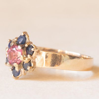 Vintage 9k Yellow Gold Flower Ring with Pink Tourmaline and Sapphires-PPA-2040820