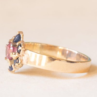 Vintage 9k Yellow Gold Flower Ring with Pink Tourmaline and Sapphires-PPA-2040820