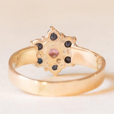 Vintage 9k Yellow Gold Flower Ring with Pink Tourmaline and Sapphires-PPA-2040820