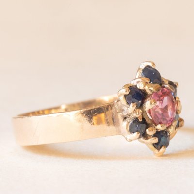 Vintage 9k Yellow Gold Flower Ring with Pink Tourmaline and Sapphires-PPA-2040820