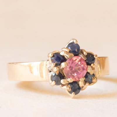 Vintage 9k Yellow Gold Flower Ring with Pink Tourmaline and Sapphires-PPA-2040820