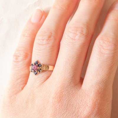 Vintage 9k Yellow Gold Flower Ring with Pink Tourmaline and Sapphires-PPA-2040820