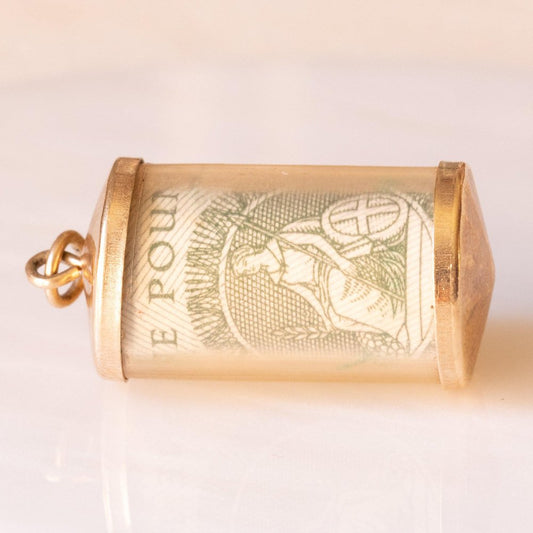 Vintage 9k Yellow Gold Plastic Cylinder Emergency Money Pendant with One Pound Note, 1978