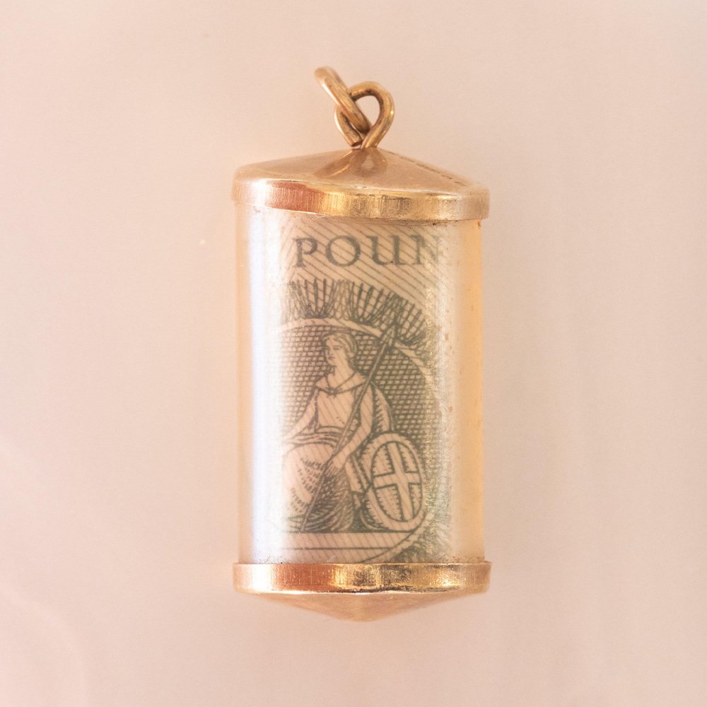 Vintage 9k Yellow Gold Plastic Cylinder Emergency Money Pendant with One Pound Note, 1978