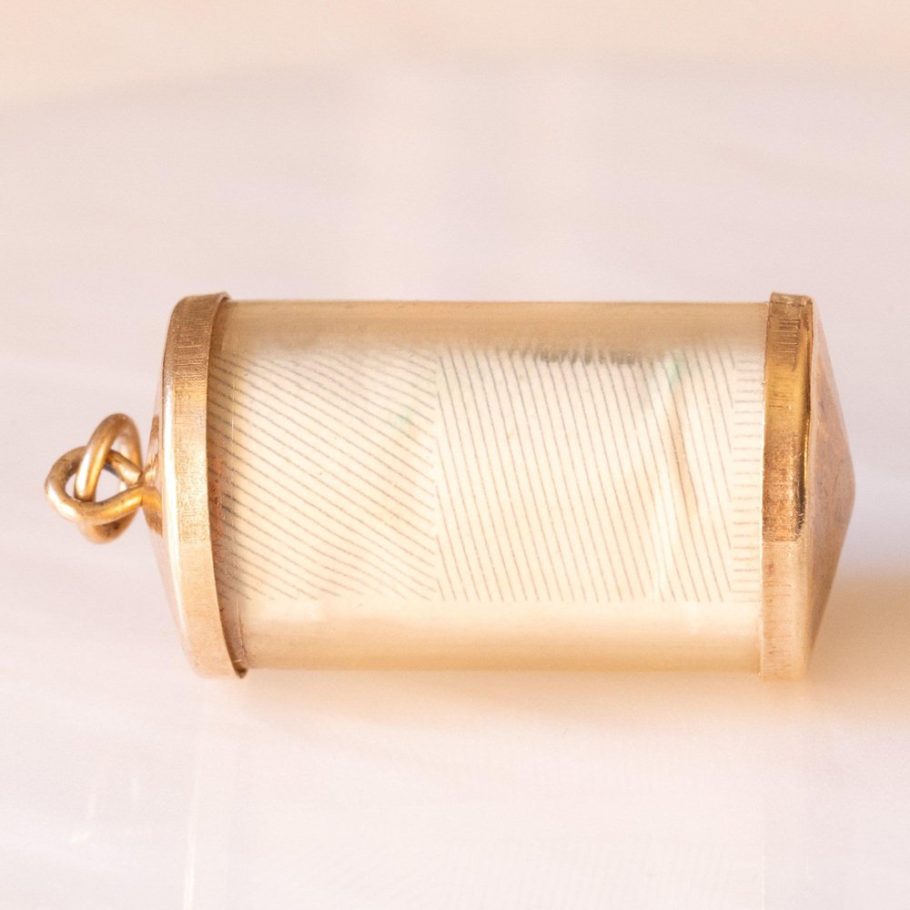 Vintage 9k Yellow Gold Plastic Cylinder Emergency Money Pendant with One Pound Note, 1978