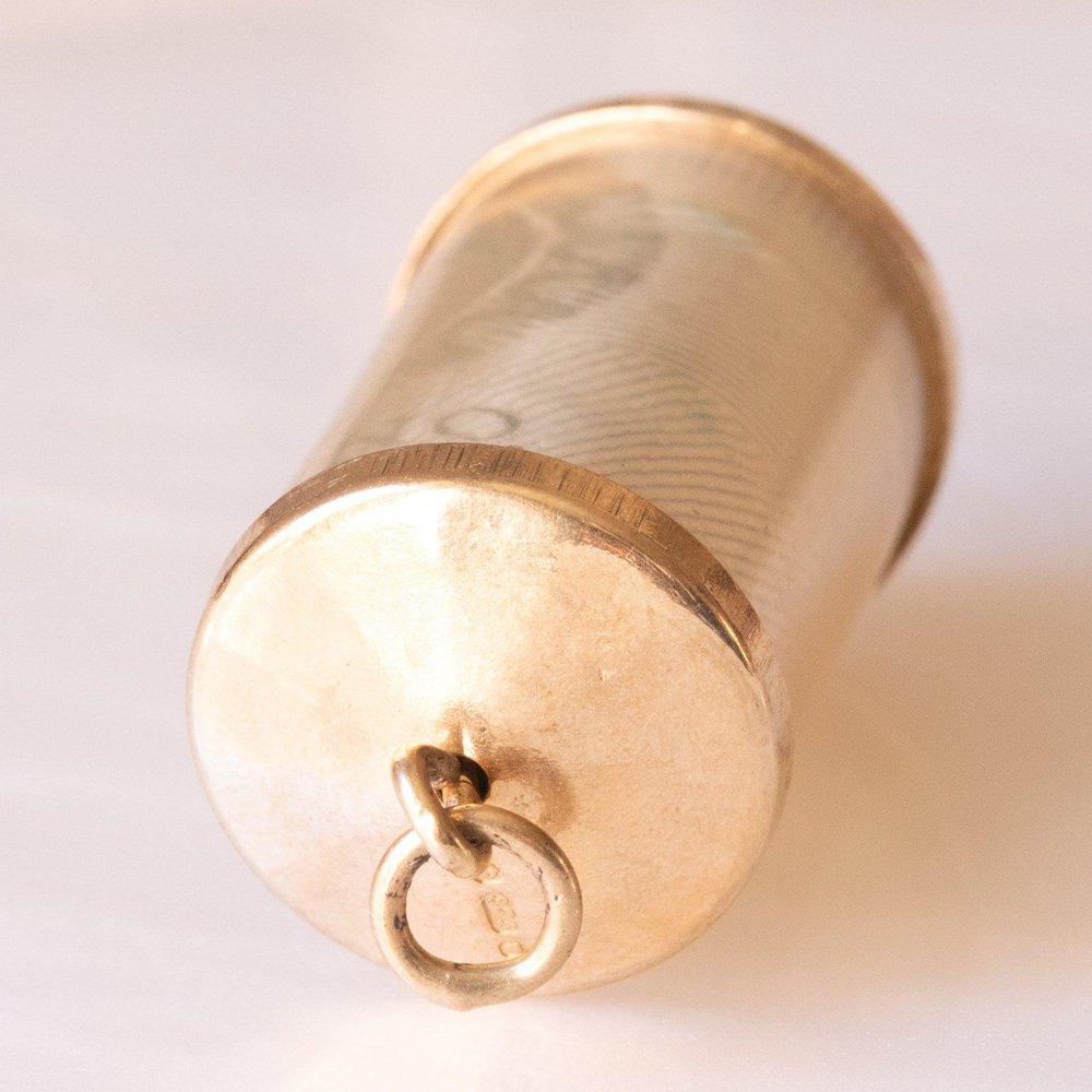 Vintage 9k Yellow Gold Plastic Cylinder Emergency Money Pendant with One Pound Note, 1978