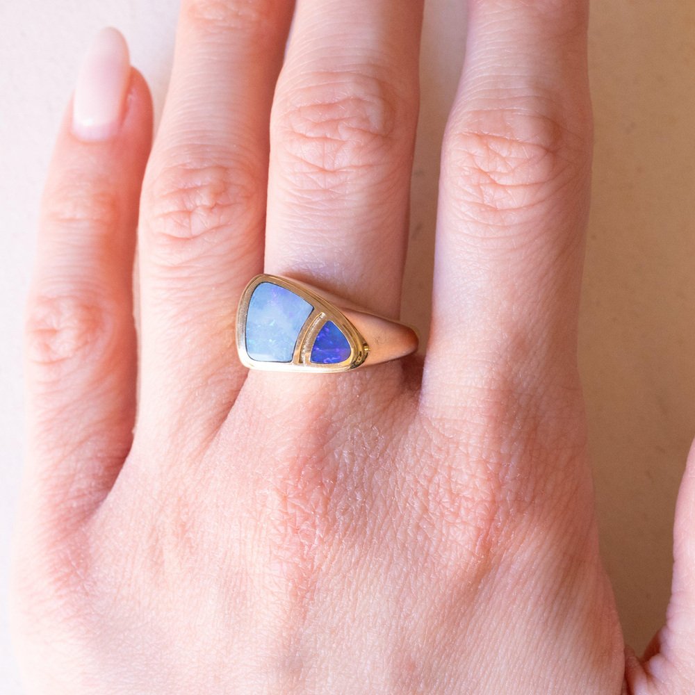 Vintage 9k Yellow Gold Ring with Doublet Opals, 1980s