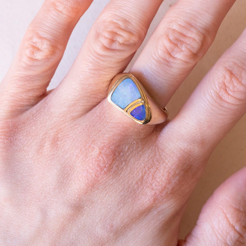 Vintage 9k Yellow Gold Ring with Doublet Opals, 1980s