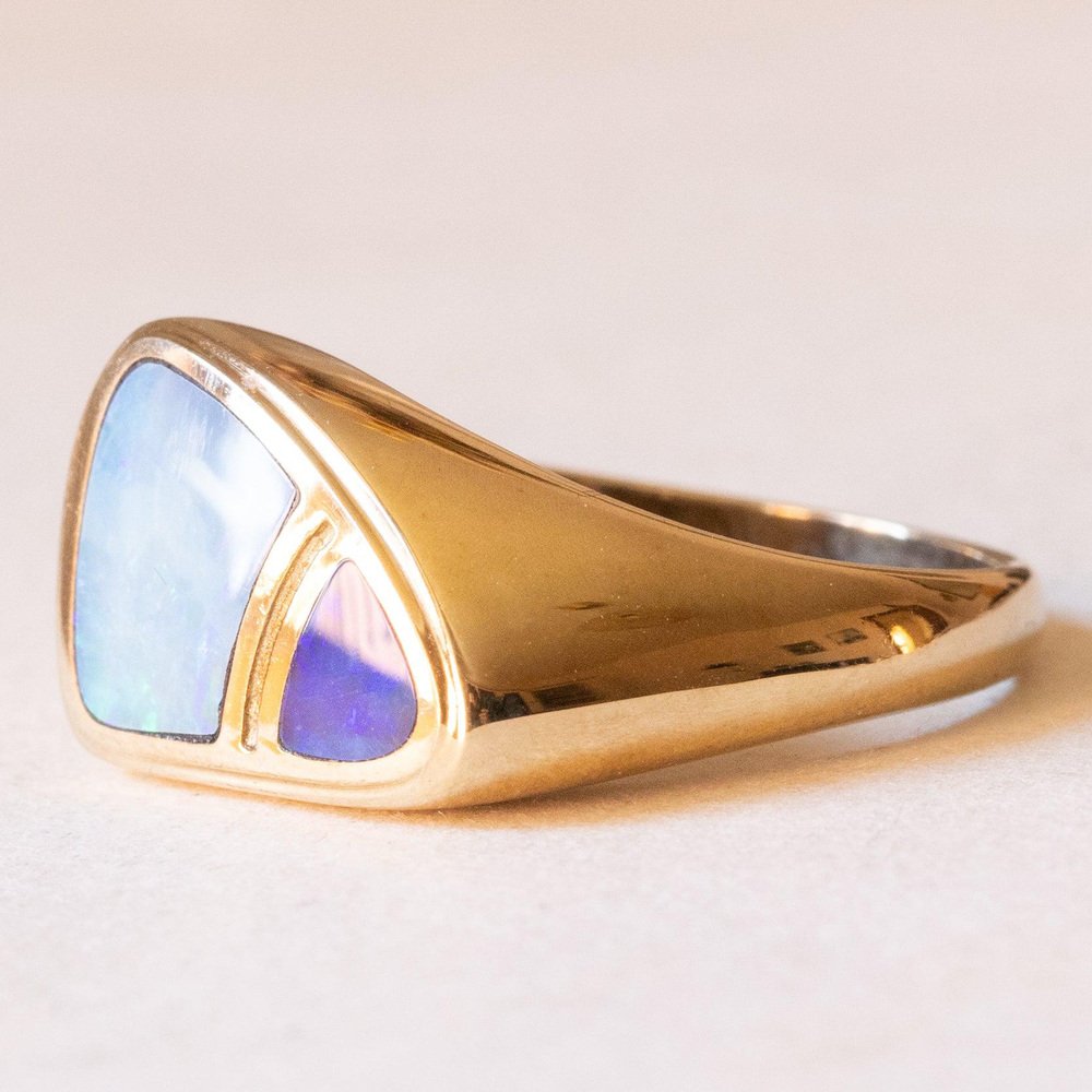 Vintage 9k Yellow Gold Ring with Doublet Opals, 1980s