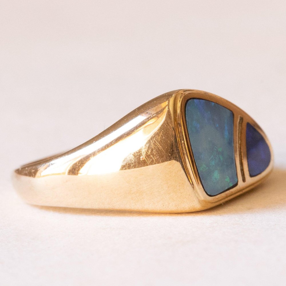 Vintage 9k Yellow Gold Ring with Doublet Opals, 1980s