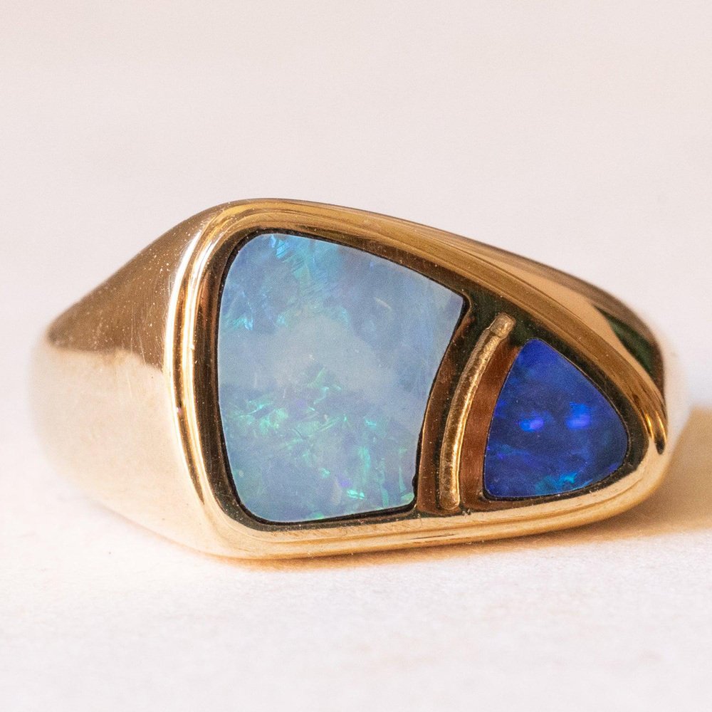 Vintage 9k Yellow Gold Ring with Doublet Opals, 1980s