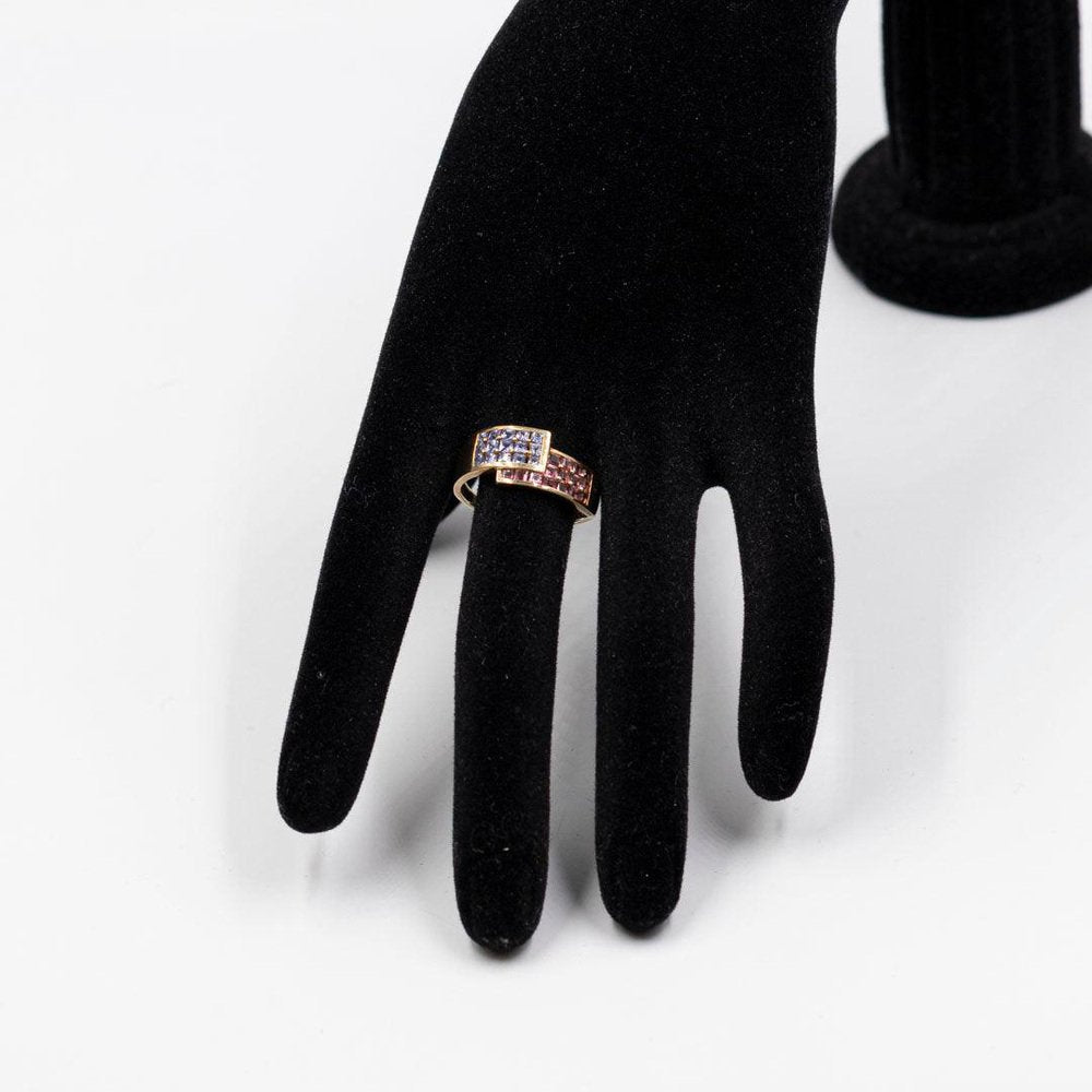 Vintage 9k Yellow Gold Ring with Pink and Lilac Sapphires, 1980s