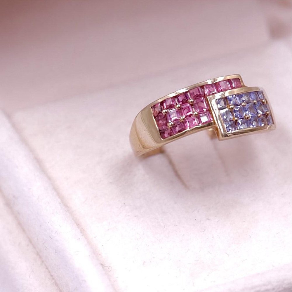 Vintage 9k Yellow Gold Ring with Pink and Lilac Sapphires, 1980s