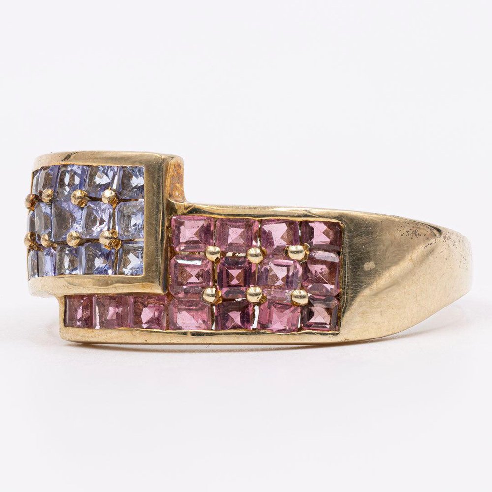 Vintage 9k Yellow Gold Ring with Pink and Lilac Sapphires, 1980s