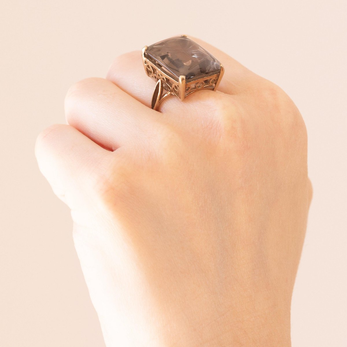 Vintage 9k Yellow Gold Ring with Smoky Quartz Engraved with Roman Soldier Head, 1975