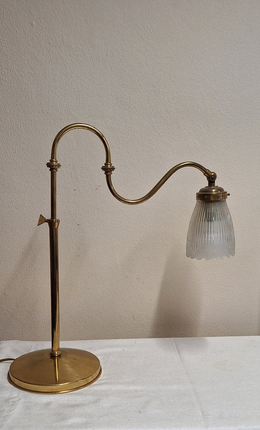 Vintage Adjustable Table Lamp with Brass Frame and Matt Fluted Glass Shade, 1980s