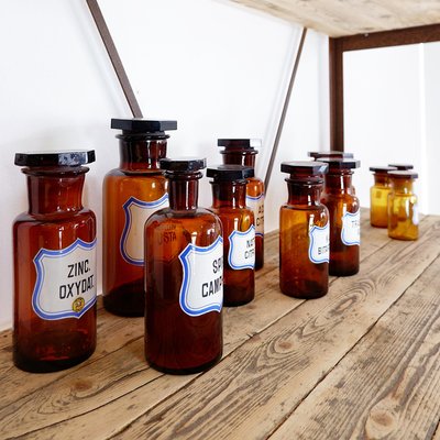 Vintage Amber Glass Pharmacy Bottle Collection, Set of 12-NYF-2018864