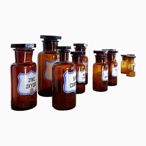 Vintage Amber Glass Pharmacy Bottle Collection, Set of 12-NYF-2018864