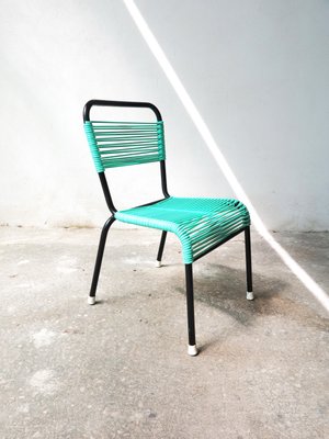 Vintage Aquamarine Green PVC Laces and Black Tubular Metal Childrens Chair, 1970s-GGK-645201